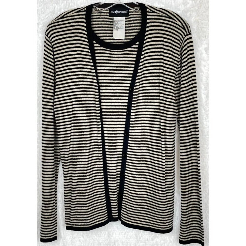 Sag Harbor Medium Long Sleeve One Piece Layered Look Top Tan Black Stripes